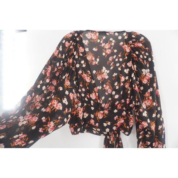 A.L.C. Carla Floral 100% Silk Wrap Floral Black Pink Ruffle Cuffs Blouse Size S - Picture 12 of 16